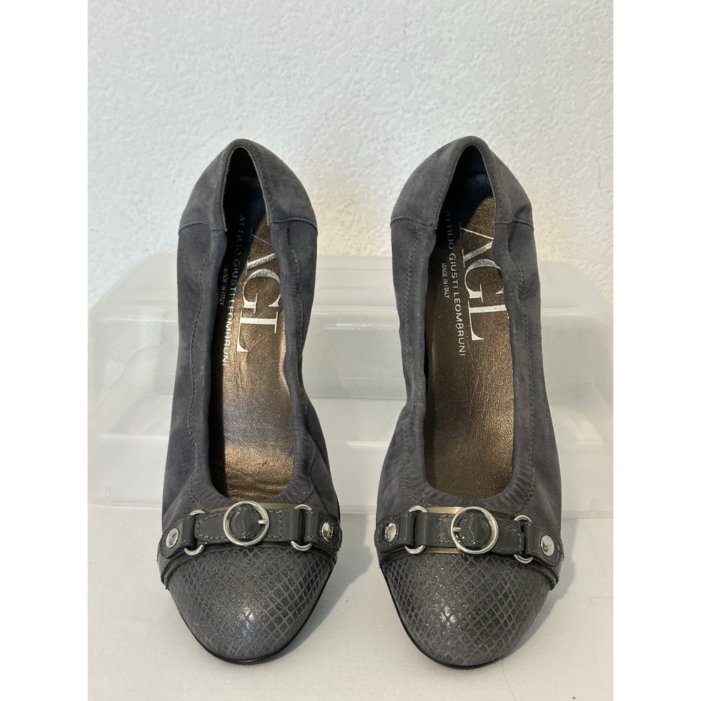 AGL Attilio Giusti Leombruni Cap Toe Buckle Low Wedge Heel Gray Suede Size 39/9